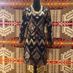 Black Stretchy Sequin Dress w/ Indigenous designs